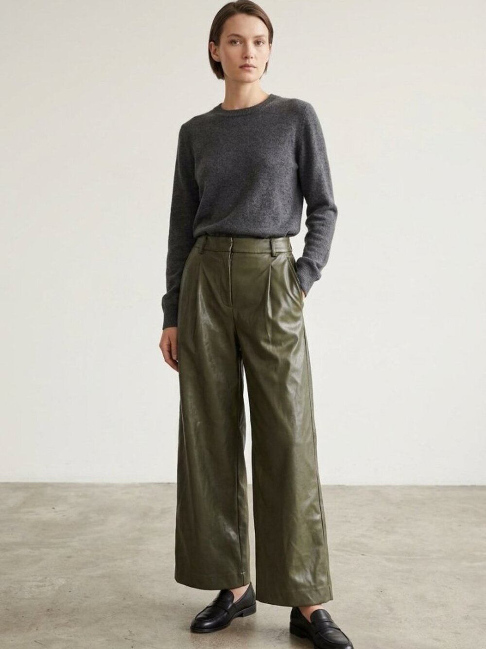 Saunders Collective RTR High-Rise Wide-Leg Faux Leather Trouser Olive Green | Si